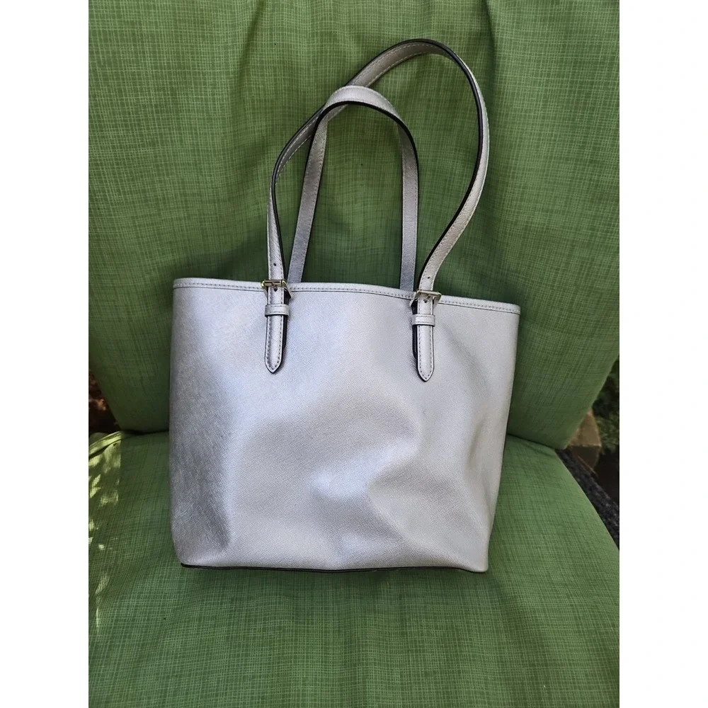 Michael Kors Jet Set Silver Metallic Tote Bag Purse Satchel MK‎ Logo Large